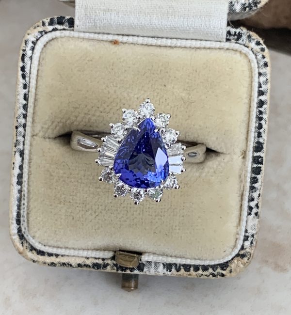 2.69ct Tanzanite and Diamond Pear Shaped Cluster Ring in 18ct White Gold