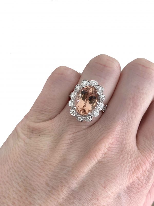 Morganite and Diamond Oval Cluster Ring in 18ct White Gold, 6.55 carats