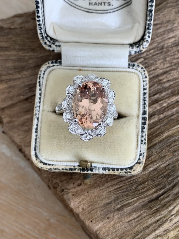 6.55ct Oval Cut Morganite and Diamond Cluster Ring