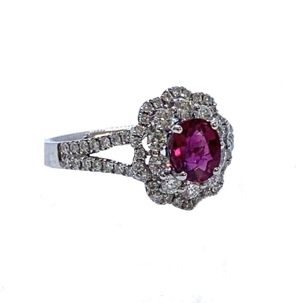 Ruby and Diamond Oval Cluster Dress Ring in 18ct White Gold, 0.99 carats