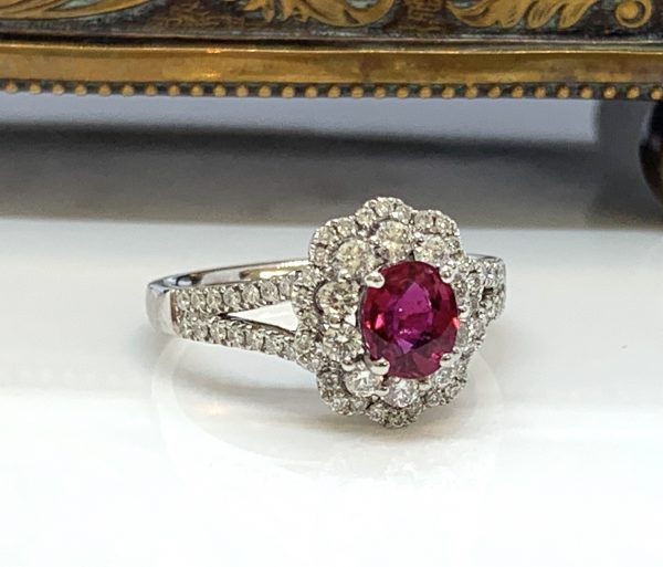 Ruby and Diamond Oval Cluster Dress Ring in 18ct White Gold, 0.99 carats