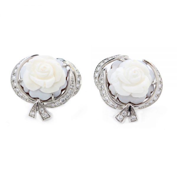 Breguet Rose de la Reine Carved Cameo and Diamond Earrings; adorned with a unique hand-sculpted cameo floral motif and diamond set bow, in 18ct white gold, Signed