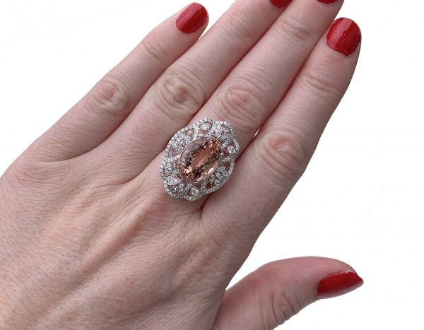 Oval Cut Morganite and Diamond Dress Ring in 18ct White Gold, 6.35 carats