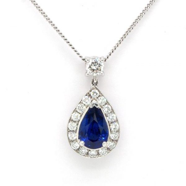 1.48ct Sapphire and Diamond Pear Shaped Drop Pendant in 18ct White Gold
