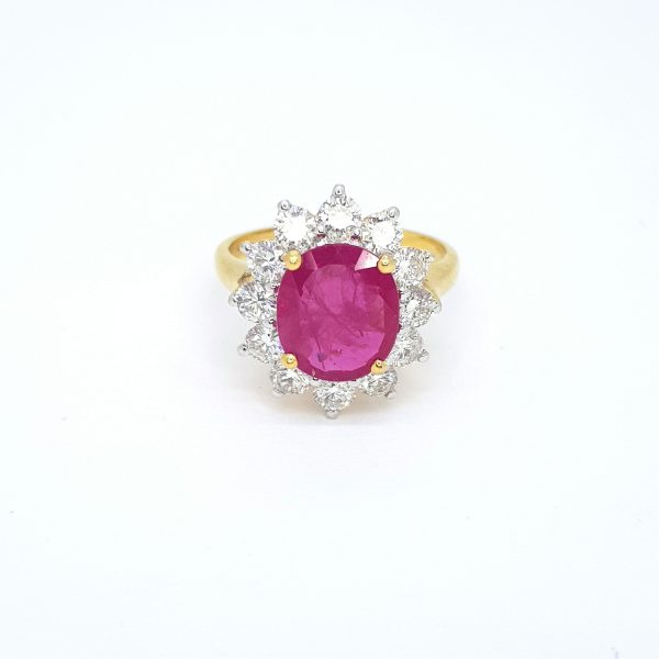 3.05ct Ruby and Diamond Cluster Ring in 18ct Yellow Gold