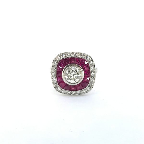 0.91ct Diamond and Calibre Ruby Cluster Ring in 18ct White Gold