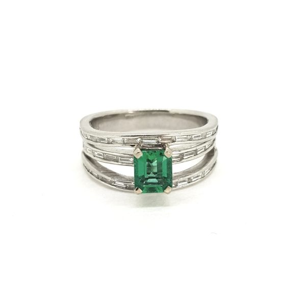 Contemporary Emerald and Diamond Three Band Ring
