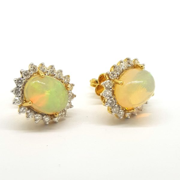 Opal and Diamond Oval Cluster Stud Earrings in 18ct Yellow Gold, 2.37 carats
