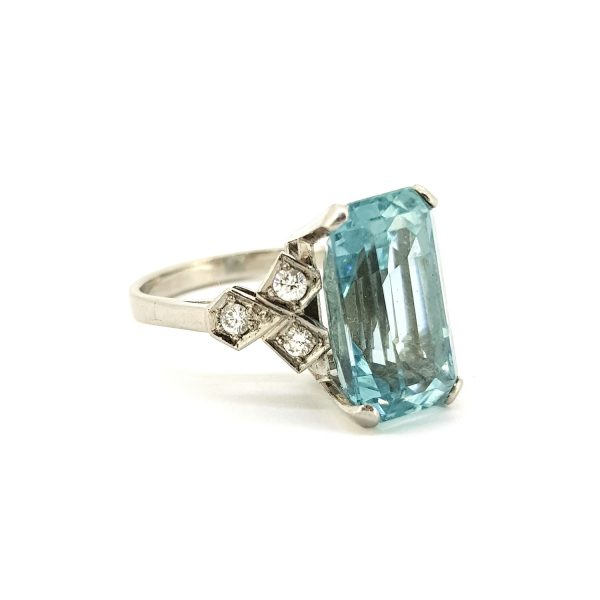 Vintage 1950s Emerald Cut Aquamarine and Diamond Ring