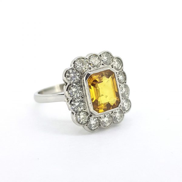 3ct Emerald Cut Yellow Sapphire and Diamond Floral Cluster Ring in Platinum