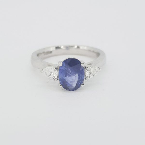 1.44ct Sapphire and Pear Cut Diamond Trilogy Ring in Platinum