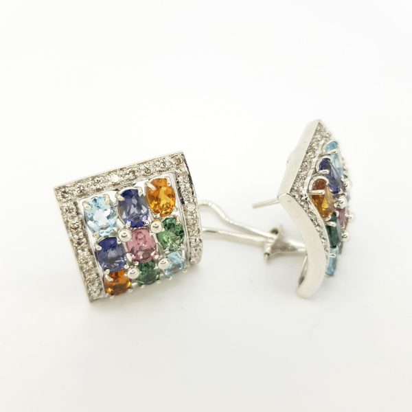 Multi Gemstone Tutti Frutti Diamond Earrings in 18ct White Gold
