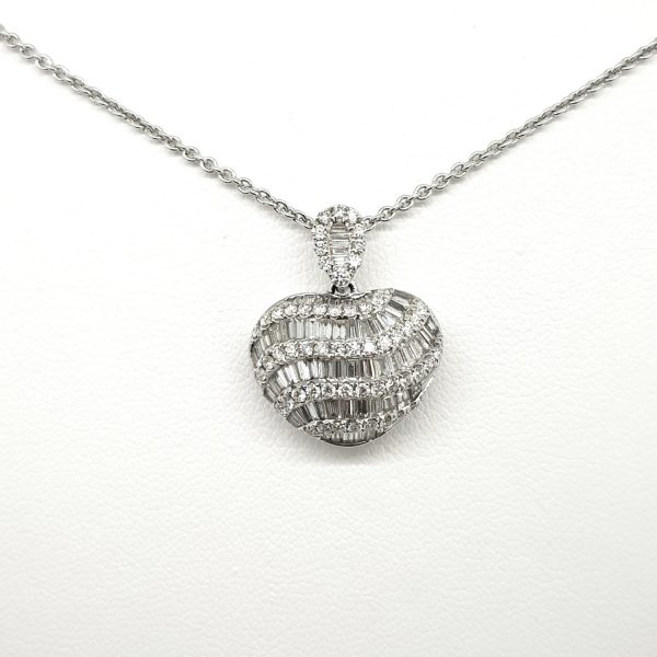 Baguette and Brilliant Cut Diamond Heart Pendant in 18ct White Gold, 1.79 carats