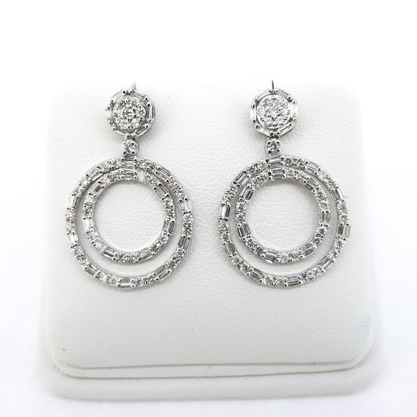 Baguette Cut Diamond Circle Hoop Drop Earrings, 1.75 carat total; baguette-cut diamonds set into two graduated front-facing open hoops suspended from diamond cluster studs, in 18ct white gold