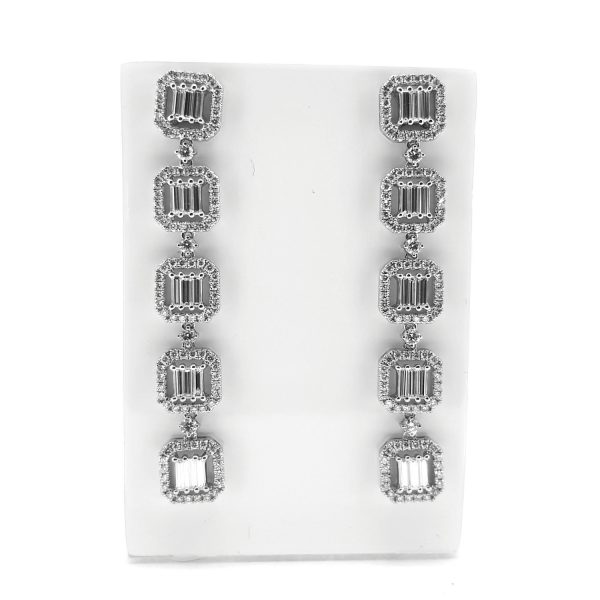 Contemporary Baguette Cut Diamond Cluster Drop Earrings in 18ct White Gold, 4.50 carat total