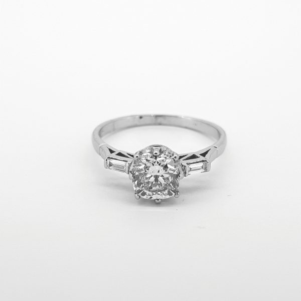 1.41ct Old Cut Diamond Solitaire Engagement Ring with Baguette Cut Diamond Shoulders in 18ct White Gold