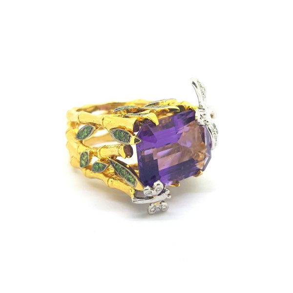 Contemporary Amethyst, Diamond and Green Garnet Dress Ring in 18ct Yellow Gold