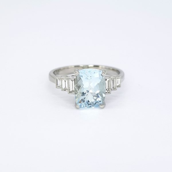 Art Deco Style 2.10 Cushion Cut Aquamarine and Baguette Diamond Ring in Platinum