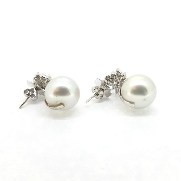 Southsea Pearl Earrings with Diamond set Leaf Tops in 18ct White Gold, 1.85 carat total