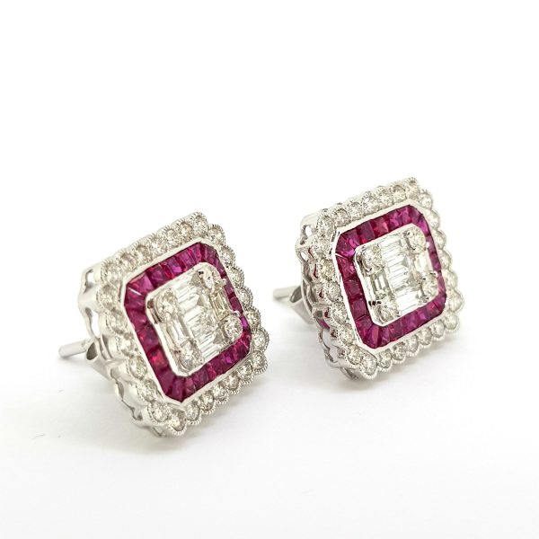Diamond and Ruby Cluster Stud Earrings in 18ct white gold