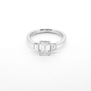 1ct Emerald Cut Diamond Ring with Baguette Shoulders in 18ct White Gold