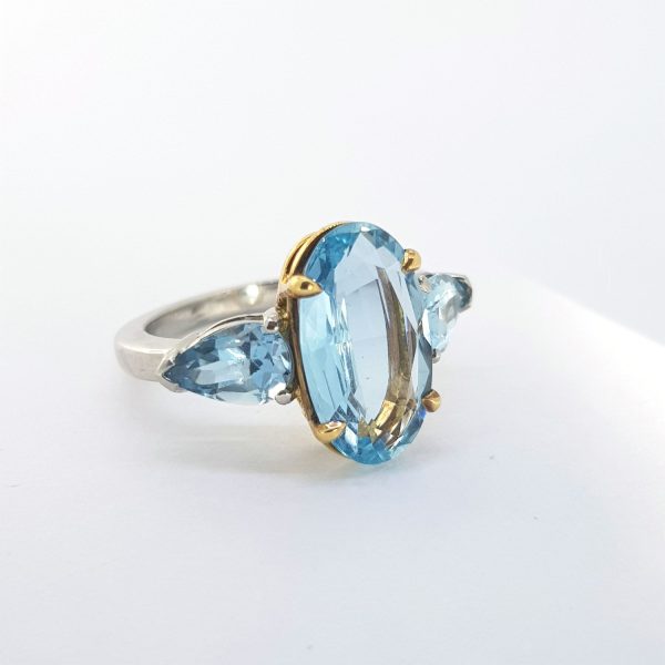Oval Cut Aquamarine Ring with Pear Cut Shoulders, 6.50 carats