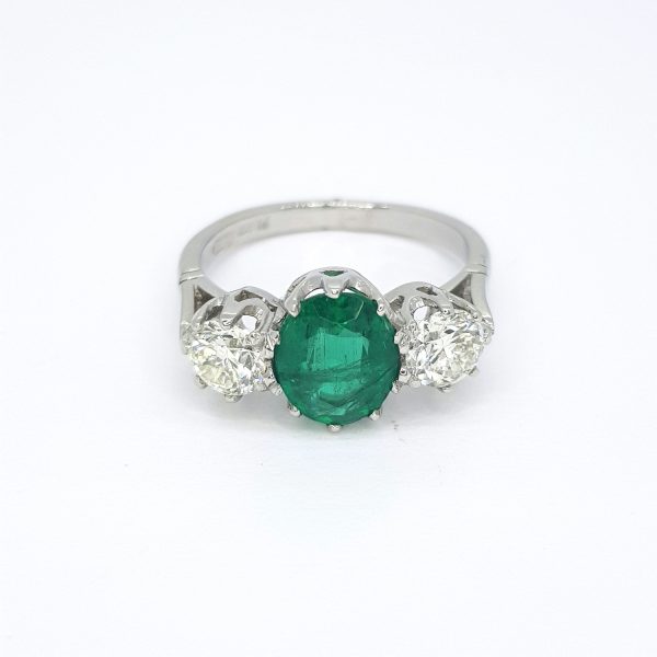 Emerald and Diamond Three Stone Ring in Platinum, 1.73 carats