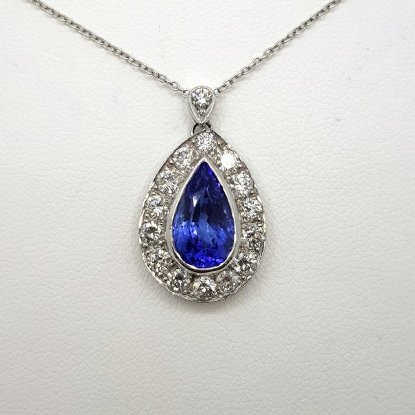 Pear Cut Tanzanite and Diamond Cluster Drop Pendant in 18ct White Gold, 2.70 carats