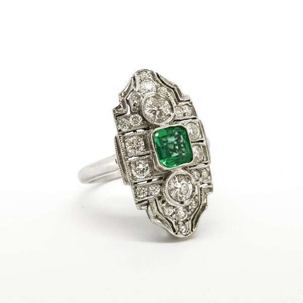 Art Deco Emerald and Diamond Cluster Plaque Ring