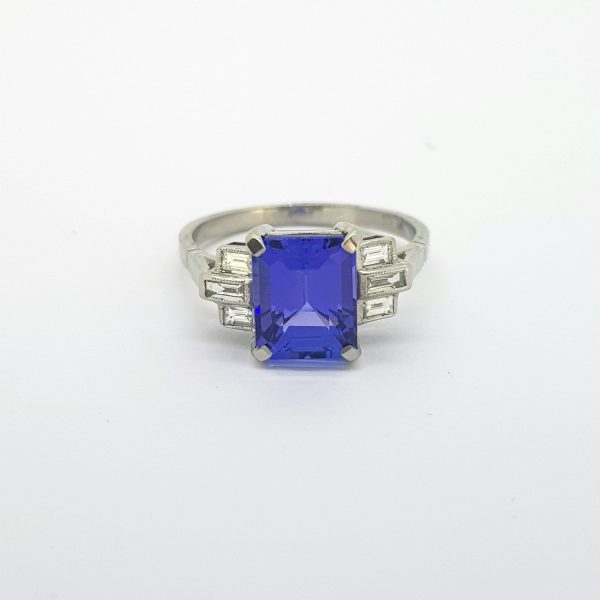 2ct Tanzanite and Baguette Cut Diamond Ring in 18ct White Gold