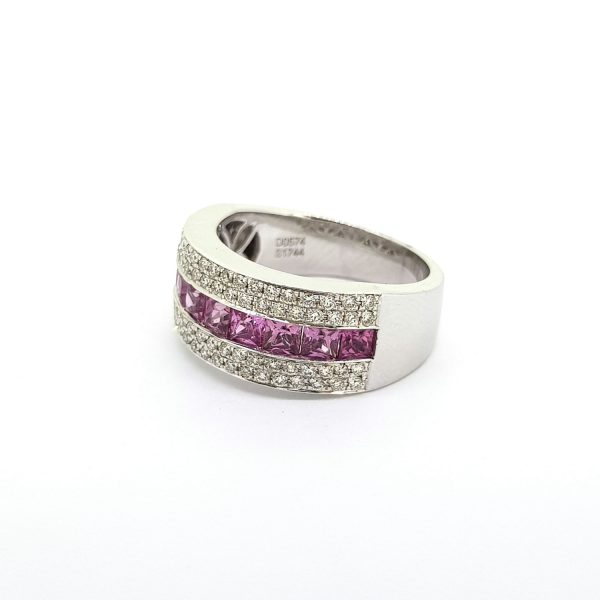 Princess Cut Pink Sapphire and Diamond Set Band Ring in 18ct White Gold