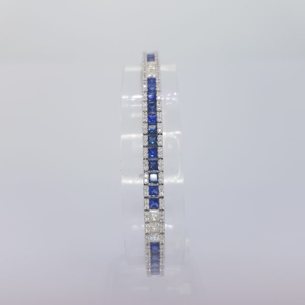 Princess Cut Sapphire and Diamond Line Bracelet in 18ct white gold. Sapphires 7.03 carats. Diamonds 2.21 carats