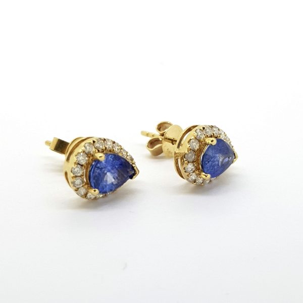 Pear Cut Sapphire and Diamond Cluster Stud Earrings; featuring 1.53cts pear cut sapphires surrounded by 0.32cts diamonds, in 14ct yellow gold