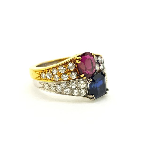Vintage Ruby, Sapphire and Diamond Bi-Colour Gold Ring, Circa 1970