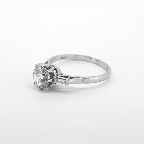 1.41ct Old Cut Diamond Solitaire Engagement Ring with Baguette Cut Diamond Shoulders