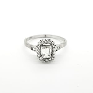 0.52ct Emerald Cut Diamond Halo Cluster Ring with baguette shoulders in 18ct white gold