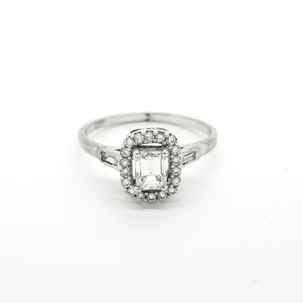 0.52ct Emerald Cut Diamond Halo Cluster Ring with baguette shoulders in 18ct white gold