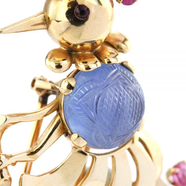 Vintage 2.50ct Carved Sapphire and 18ct Gold Peacock Brooch with blue sapphires and rubies, Circa 1970s