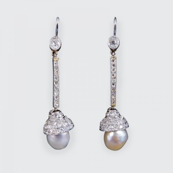 Antique Edwardian Diamond Set Natural Pearl Drop Earrings