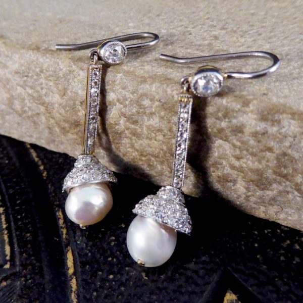 Antique Edwardian Diamond Set Natural Pearl Drop Earrings
