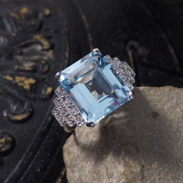 Art Deco Style 5.50ct Aquamarine and Diamond Ring