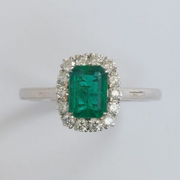 Emerald Cut Emerald and Diamond Cluster Ring in 18ct Gold, 1.13 carats