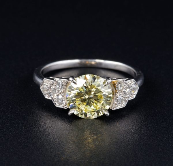 Vintage French Certified 1.91ct Fancy Yellow Diamond Platinum Ring
