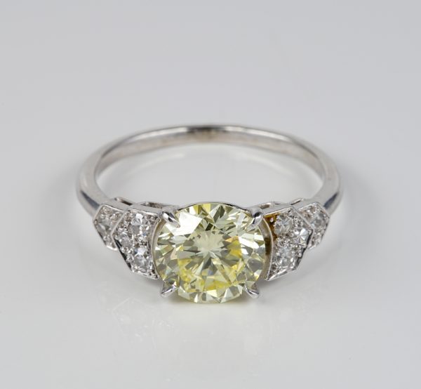 Vintage French Certified 1.91ct Fancy Yellow Diamond Platinum Ring