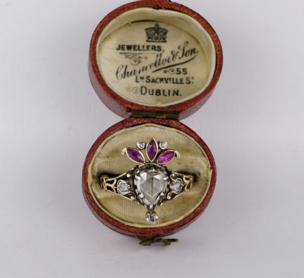 Rare Antique Georgian Crowned Heart Diamond and Ruby Ring