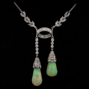 Antique Edwardian Rare Australian Opal Drop Diamond Platinum Negligee Necklace