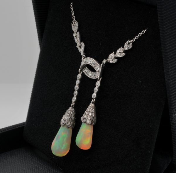 Antique Edwardian Rare Australian Opal Drop Diamond Platinum Negligee Necklace