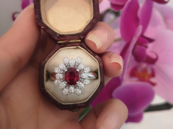 Burma ruby and diamond flower ring
