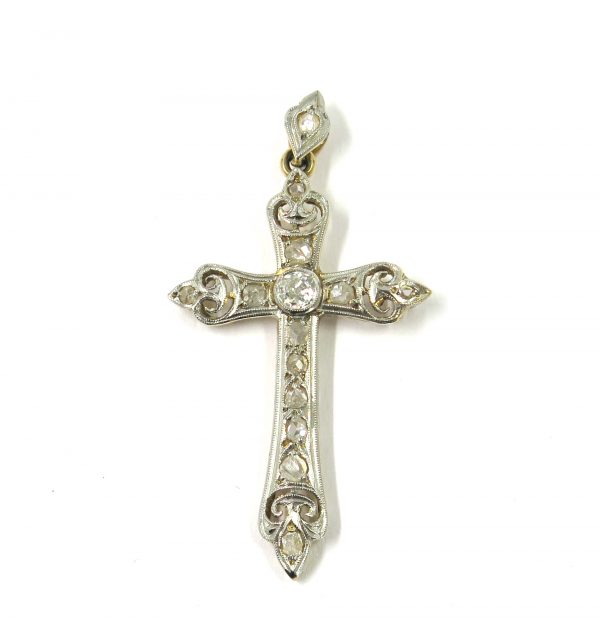 Antique diamond cross pendant old cut platinum