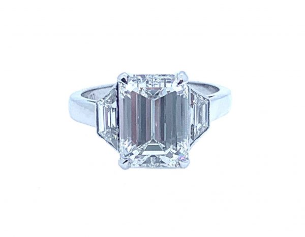 Large 4 carat emerald cut diamond ring platinum baguette diamond shoulders vintage Art DEco